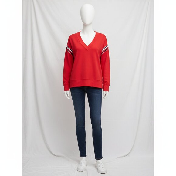 NWT Tommy Hilfiger Women's Red with Metallic Stripes V-Neck Sweatshirt M - Picture 2 of 14
